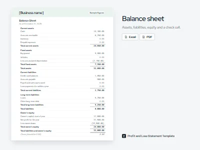 Preview of the balance sheet template template with sample figures
