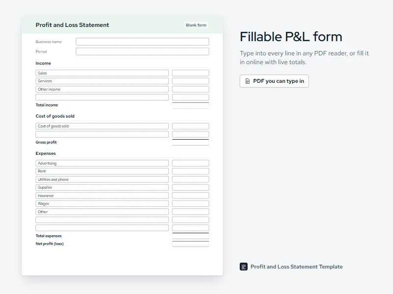 Blank fillable profit and loss statement PDF with income, cost of goods sold and expense lines, totals, and signature and date fields