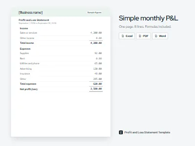Preview of the simple profit and loss statement template with sample figures