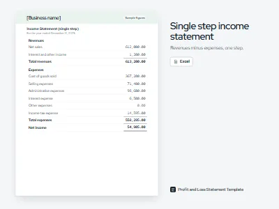 Preview of the single step income statement template with sample figures